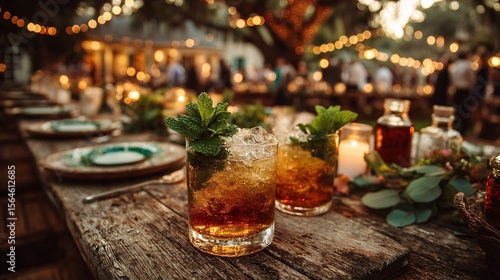Whimsical Garden Party with Guests Enjoying Mint Juleps Outdoors