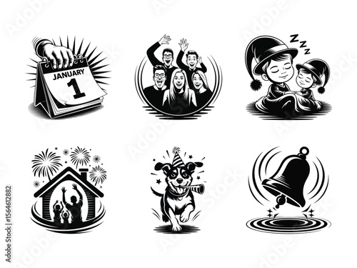 January first celebration family sleeping dog ringing bell calendar hand