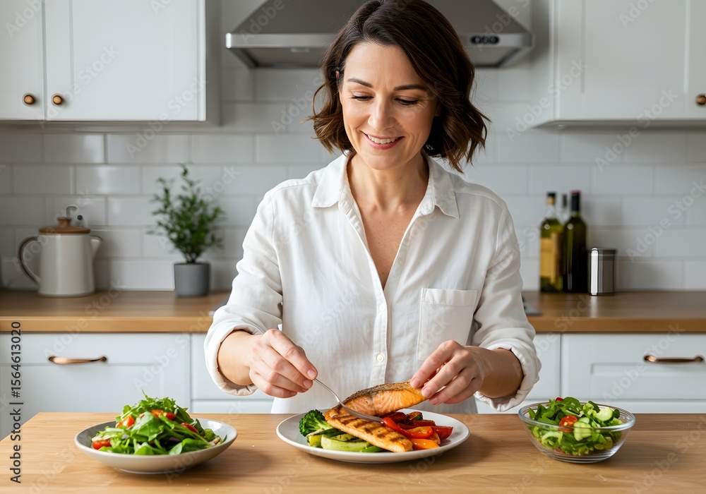 Woman preparing healthy meal with fresh salad and grilled meat at home Woman preparing healthy meal with fresh salad and grilled meat at home