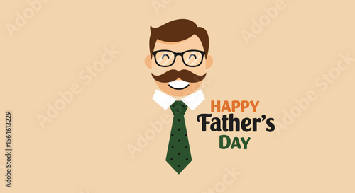 Fathers Day greeting card features a cartoon dad with glasses a mustache a green tie and Happy Fathers Day text