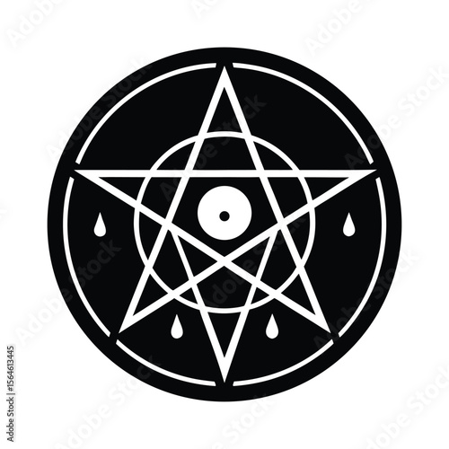 Occult pentagram circle with eye and drops silhouette vector illustration