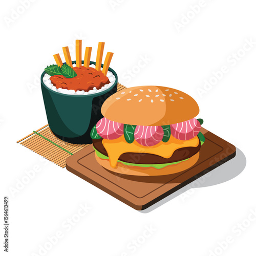 vector icons cooking food chef hat include a pizza slice, a sushi roll, spaghetti and meatballs, a curry bowl burger , fish 
