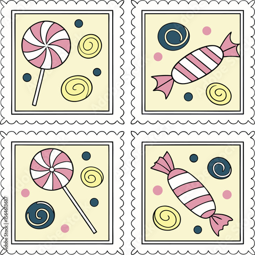 Delightful sweets graphic with colorful candy and lollipops on postage stamp styled backgrounds for fun designs.