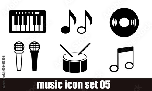 music icon set 05 : microphone, piano, keyboard, organ, headphones, octaves, notes, silhouette, set, music, percussion, drum
