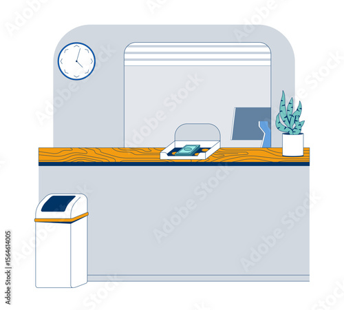 Empty bank counter with money tray 2D vector illustration. Teller station. Cashier interior setup. Professional banking service desk flat scene isolated on white background. Colorful cartoon image