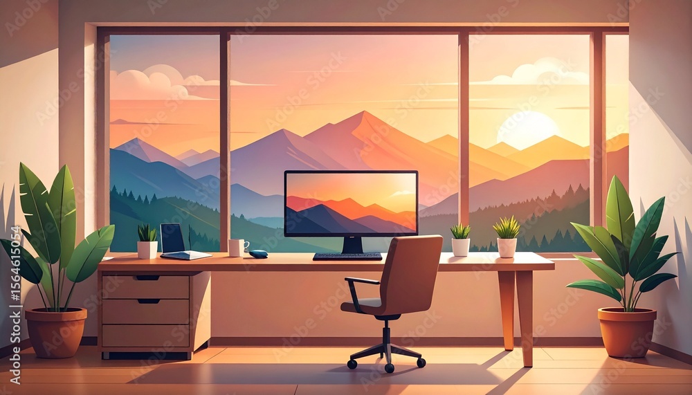 Fototapeta premium Modern Minimalist Desk Setup with Wireless Monitor and Mountain Landscape