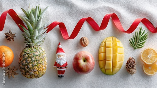 Fototapeta Naklejka Na Ścianę i Meble -  Flat lay of tropical fruits like wintery feel