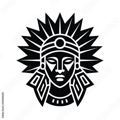 Aztec chief face with headdress detailed silhouette vector illustration