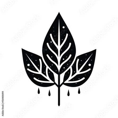 Stylized plant with three leaves and water drops silhouette vector illustration