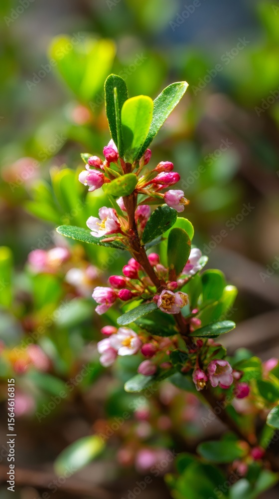 Obraz premium Close up of an escallonia branch with pink flowers and green leaves, thriving in its natural environment