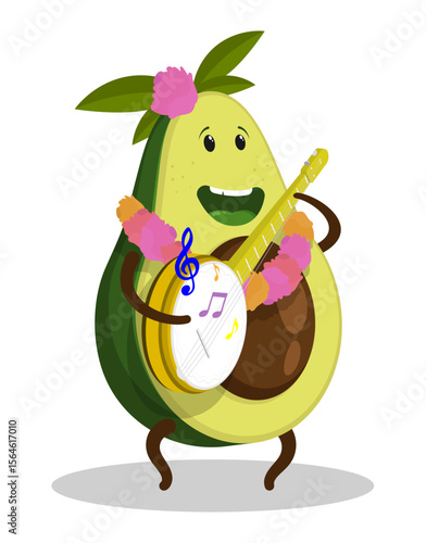 Cheerful avocado character bungee musician singer. Impromptu street concert. Cartoon vector isolated on white background