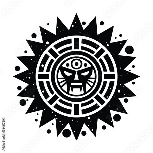 Aztec sun god with geometric pattern silhouette vector illustration