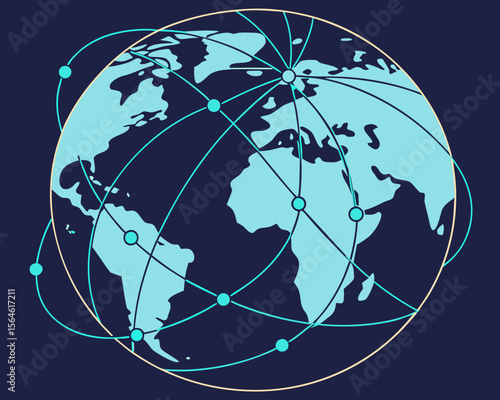 Global Network Connection Stylized World Map with Connected Lines and Nodes on a Dark Background