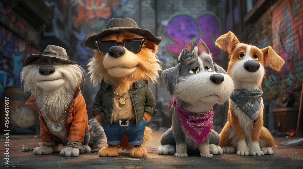 Obraz premium Canine Squad in Street Style: A dynamic quartet of anthropomorphic dogs, each exuding a distinct personality, stand against a vibrant graffiti backdrop, capturing urban attitude