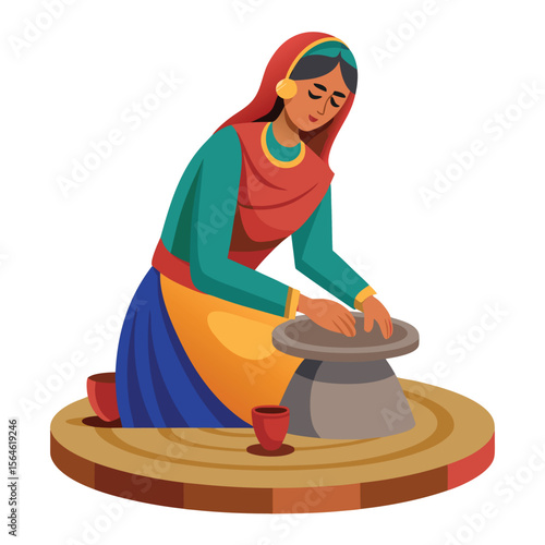 A Pakistani woman engaged in pottery, shaping clay with skillful hands, highlighting traditional craftsmanship and artistry
