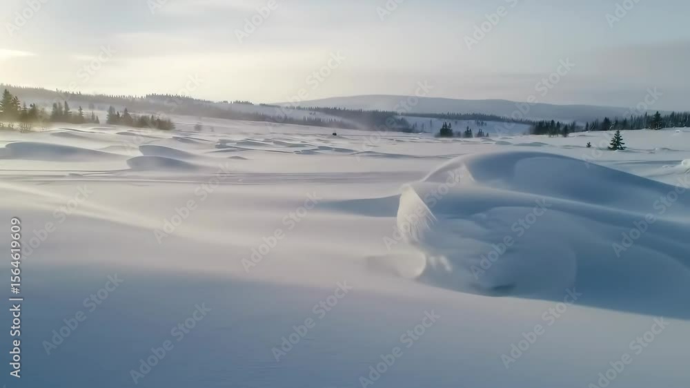 Snow dunes are shaped by wind in a vast white winter landscape Snow dunes are shaped by wind in a vast white winter landscape