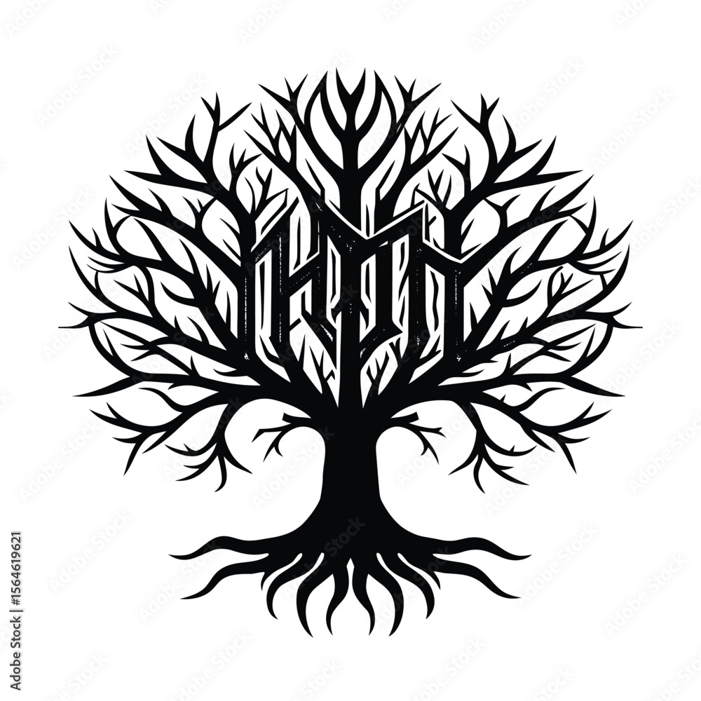 Obraz premium Bare tree with roots and gothic text silhouette vector illustration