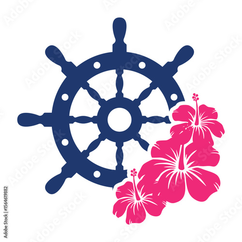 Logo nautical. Vacaciones en Hawái. Silueta de volante de timón de barco con grupo de flores de hibisco
