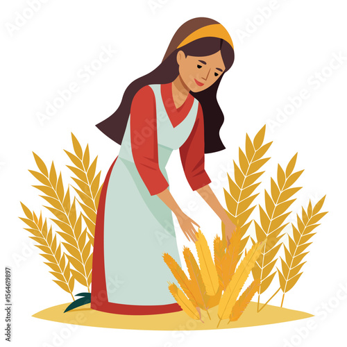 A Pakistani woman harvesting wheat in a field, wearing traditional clothing, depicting rural life and agricultural labor