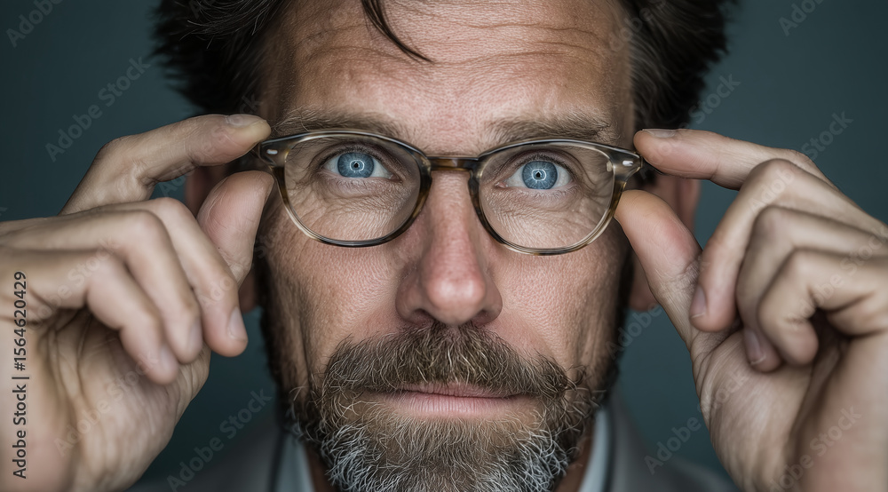 Obraz premium A close-up portrait of an angry man in his fifties with dark hair, beard, and blue eyes wearing glasses. He is looking at the camera, holding up one lens of his eyeglasses while to