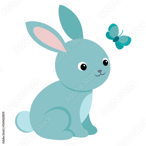 Cute blue bunny rabbit sitting and looking at a small blue butterfly