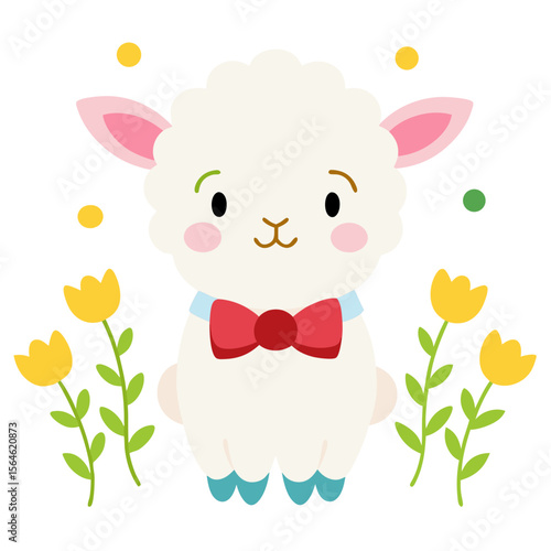 Cute cartoon sheep wearing a red bow tie and blue collar surrounded by yellow tulips
