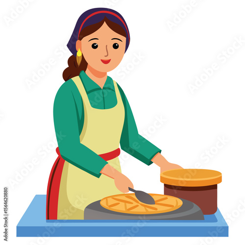 A Pakistani woman preparing roti on a tava, wearing traditional attire, showcasing authentic cooking and cultural heritage