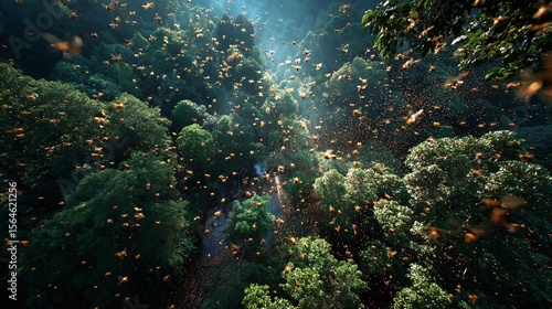 Aerial View of Thousands of Butterflies Over Lush Green Forest
