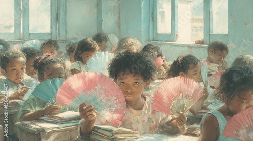 Students Using Hand Fans in a Classroom with Open Windows on a Hot Day