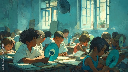 Students in Classroom Using Fans to Stay Cool on a Warm Day