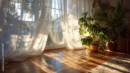 Sunlight Streaming Through Sheer White Curtains in Cozy Interior Scene