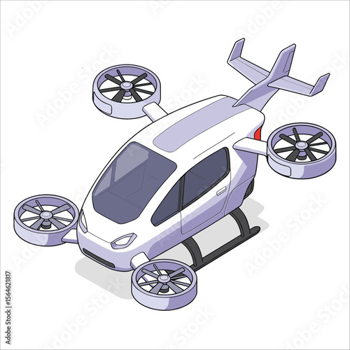 Futuristic air taxi flat vector illustration. Self driving passenger drone, driverless vtol. City travel, urban transportation. Flying cab delivery service