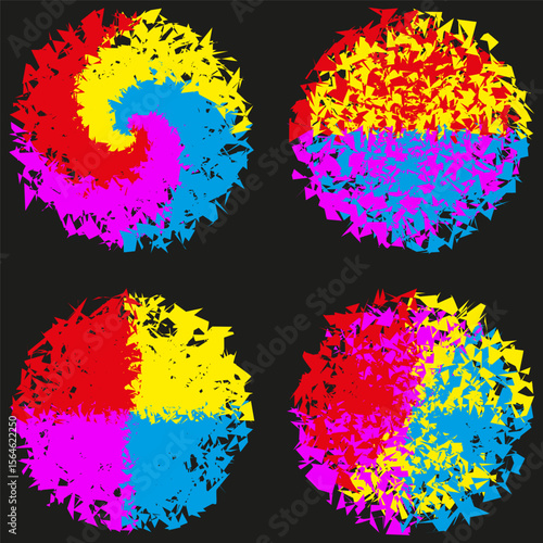 Multicolor spiral set. Grunge texture swirls. Vector rotation collection. Distressed pattern design.