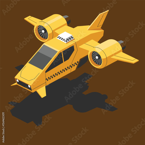 Futuristic air taxi flat vector illustration. Self driving passenger drone, driverless vtol. City travel, urban transportation. Flying cab delivery service