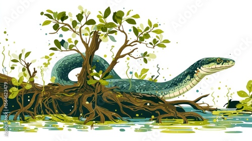 A snake rests on a swampy log