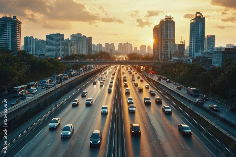 traffic on highway at sunset traffic on highway at sunset