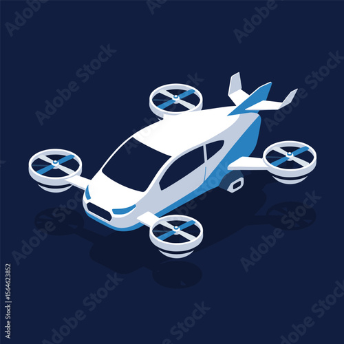 Futuristic air taxi flat vector illustration. Self driving passenger drone, driverless vtol. City travel, urban transportation. Flying cab delivery service