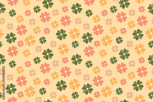 seamless pattern featuring abstract flowers in green, peach, and yellow on a light orange background