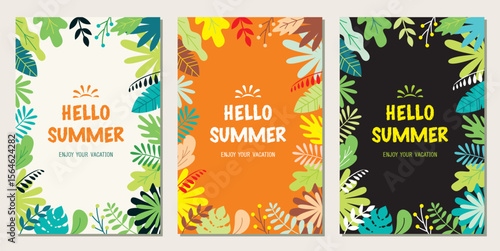 Hellow summer set of frame template tropical leaves, plants and herbs background in madern flat style for cards, posters, banners