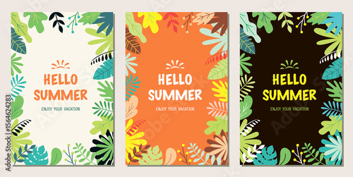 Hellow summer set of frame template tropical leaves, plants and herbs background in madern flat style for cards, posters, banners