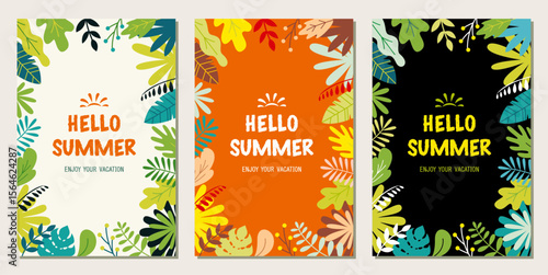 Hellow summer set of frame template tropical leaves, plants and herbs background in madern flat style for cards, posters, banners