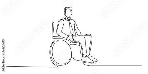 continuous line of business man sitting in wheelchair.one line drawing of man in suit working with wheelchair.single line vector illustration