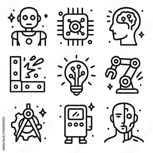 Thats a collection of nine simple line art icons depicting technology and robotics.