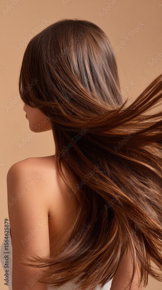 Naklejka premium Long flowing brunette hair with smooth texture and natural shine on woman back, elegant and healthy look