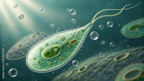 Illustration of euglena cell structure with flagellum and chloroplast for science education use