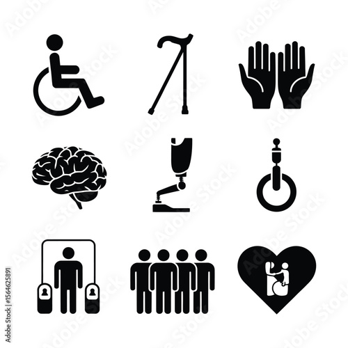 Black Icon Set Disability Symbols Wheelchair Cane Hands Brain Prosthesis Power Button Person Group Heart Support
