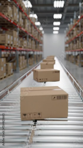 Pristine brown corrugated cardboard boxes with barcodes move on a modern conveyor belt in a vast industrial warehouse with shelving. Automated logistics concept
