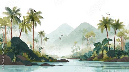 Lush tropical landscape with palm trees, misty mountains, and a flowing river