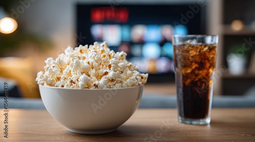 Wallpaper Mural Bowl of popcorn and glass of cola on table, tv screen in background shows streaming service, ready for movie night at home, cozy atmosphere. Torontodigital.ca