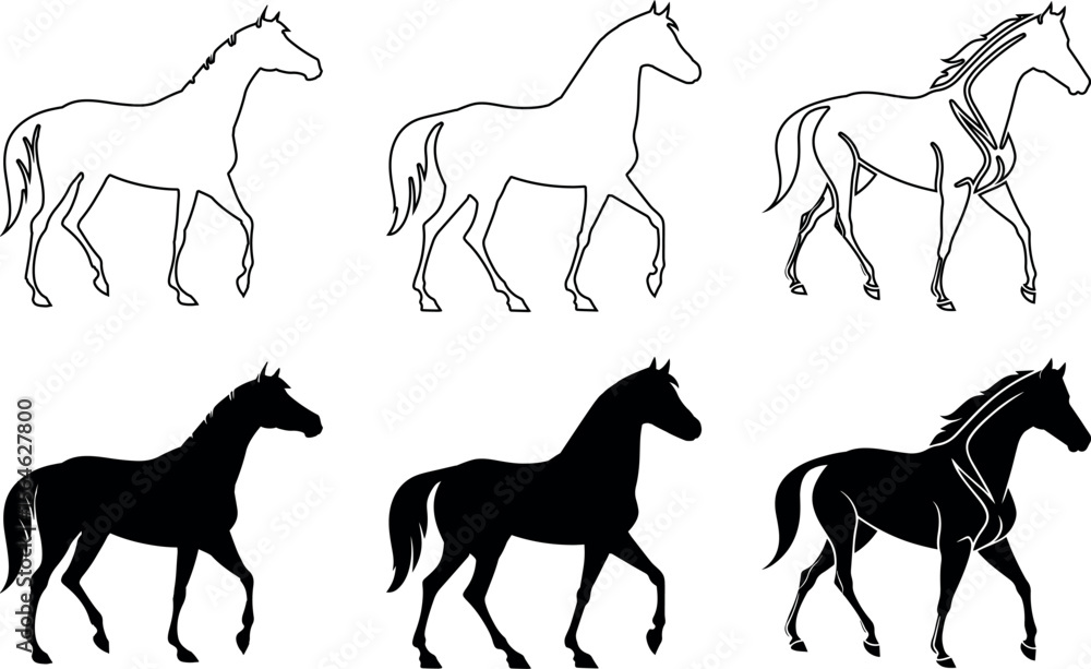 Fototapeta premium Set of six horse silhouettes in different walking poses 